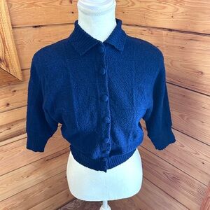 Vintage Boucle Knit Navy Blue Women's M Button Down Shirt Collar Twee Prep Trad
